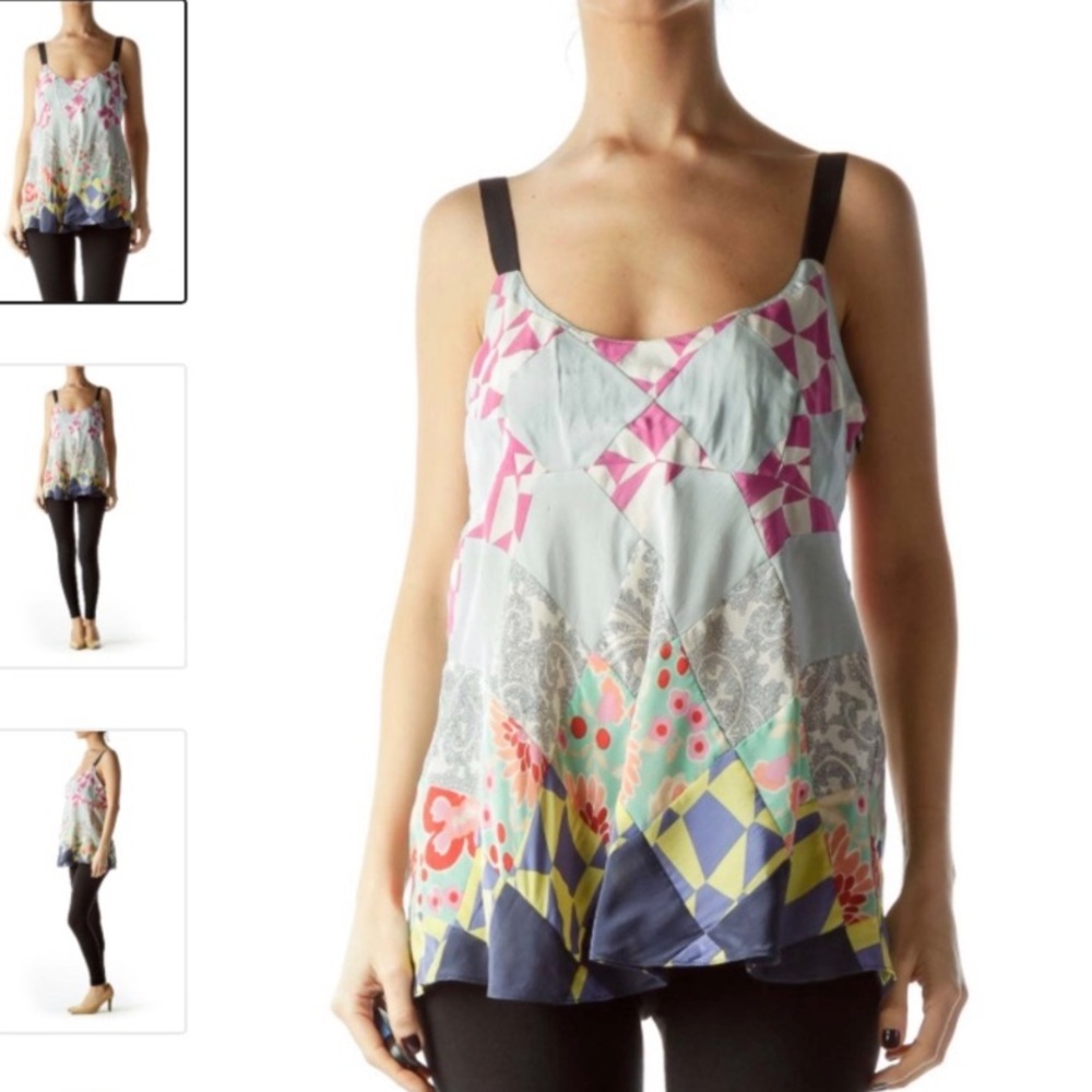 Odille Anthropologie Silk Patchwork Pattern Tank … - image 2